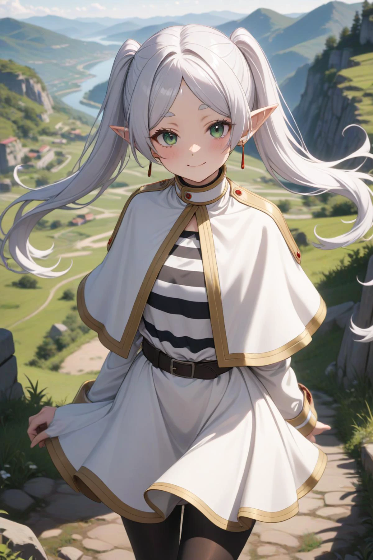 1girl, frieren, beautiful smile, green eyes, white hair, long hair, twintails, earrings, white capelet, striped shirt, long sleeves, belt, white skirt, black pantyhose, landscape, looking at the viewer, masterpiece, best quality, very aesthetic, absurdres, newest, intricate details, intricate, ai generated, <lora:frieren_xl_2:1>