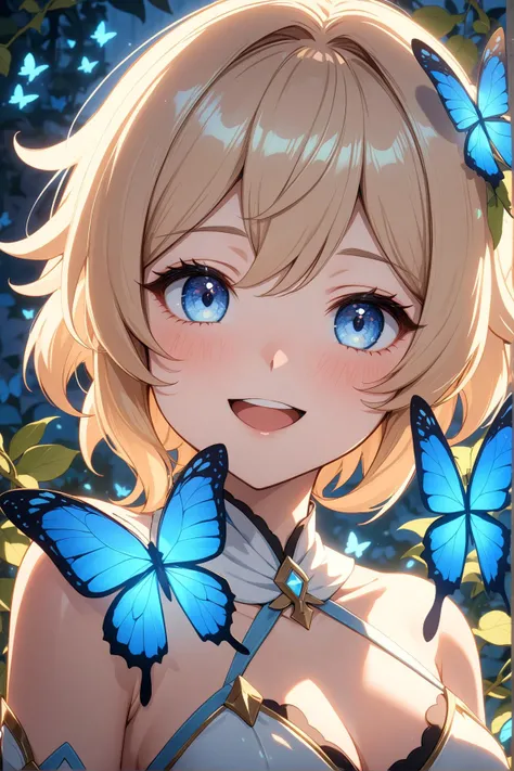 1girl, lumine, genshin impact, nose blush, beautiful smile, open mouth, close up, abstract, flower, leaf, vine, garden, butterflies, glowing, iridescent glow, bioluminescent, roses, masterpiece, best quality, very aesthetic, absurdres, newest, intricate details, ai generated, intricate