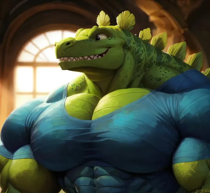 dinosaur,(stegz:1.3),green skin,scalie,<lora:Stegz_Extreme_Dinosaurs:0.8>,male,muscular,huge muscles,nostrils,(hyper muscles:1.1),scaly,spikes,sharp teeth,hyper muscles,(hyper muscle growth:1.4),stegosaurus,8pack,abs,(huge hyper pecs:1.4),bust,smiling,happy,shirt,t-shirt,tight shirt,friendly,bust portrait, portrait of a CGI animation character, magical background, bright natural lighing, backlighting, professional studio quality, looking at camera, large round cute detailed eyes, detailed, cute, adorable, intricately detailed, fantasy art, digital painting