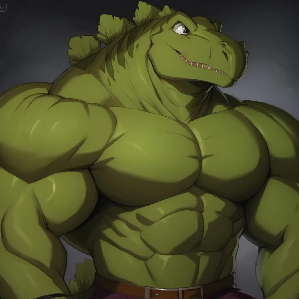 dinosaur,stegz,green skin,scalie,<lora:Stegz_Extreme_Dinosaurs:0.8>,male,muscular,huge muscles,pecs,abs