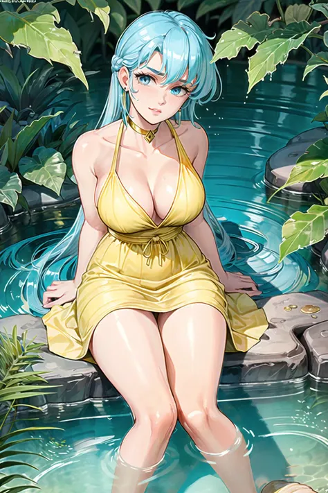 8k,(masterpiece:1.4)(best quality:1.4),(top quality), 1girl,flare (\reyon\), long_hair, blue_hair,blue eyes, earrings,yellow full  dress, gold choker, (solo:1.2),water, soaking_feet,  looking at viewer, (shiny skin),  <lora:reyon:0.7>