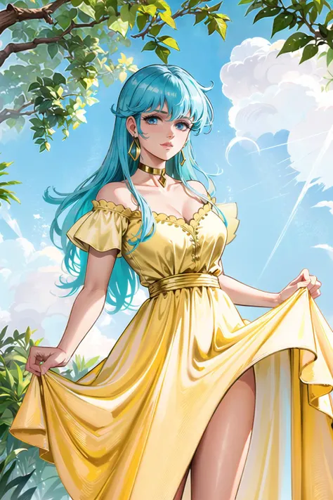 8k,(masterpiece:1.4)(best quality:1.4),(top quality), 1girl,flare (\reyon\), long_hair, blue_hair,blue eyes, circlet,earrings,yellow full dress, gold choker, (solo:1.2),palace garden, looking at viewer, (shiny skin), <lora:reyon:0.7>