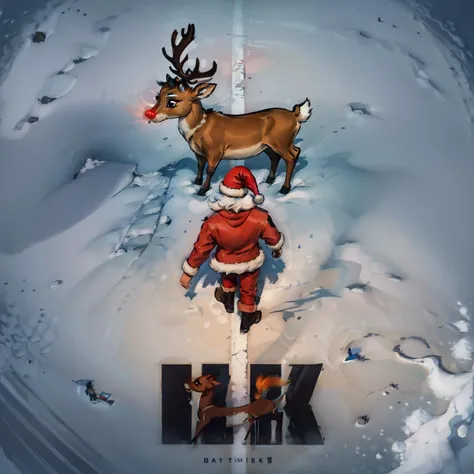 (masterpiece, best quality:1.2), akiraposter, from above, from behind, solo, male focus, 1men,santa claus, walking, Rudolf_Red_Nose, <lora:Rudolf_Red_Nose:1>,Reindeer,  detailed fur, detailed eyes, finely detailed fur, volumetric light, highrez, masterpiece, best quality,  <lora:concept_akiraposter:1>