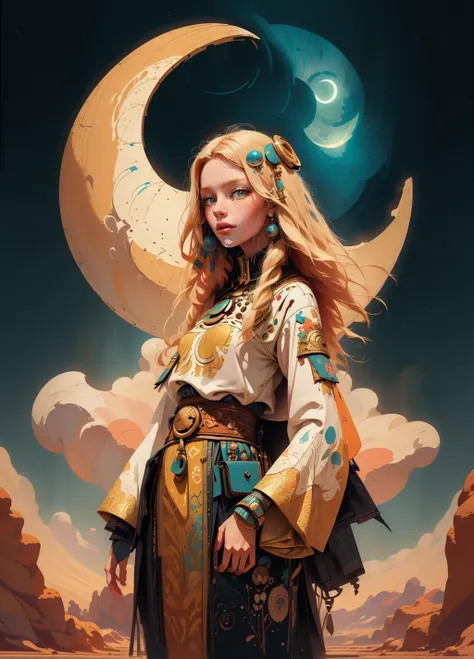 (Flat art, Illustration, wallpaper, masterpiece:1.2, best quality:1.5, high res, colourful) A girl in a gypsy costume long sleeves with long blond hair facing viewer behind a nightsky. (fantasy)
<lora:PrettyBoyV2:0.8> Caucasian,
 <lora:derpd - DerpdeedooStyle:0.8> derpd
 <lora:flat illustration:1>