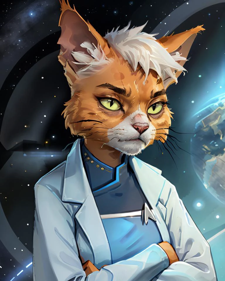 <lora:drtana-v2-locon:1> solo female, drtana, starfleet uniform, starfleet insignia, lab coat, anthropomorphic cat, orange fur, white hair, cat eyes, yellow eyes, white labcoat, blue uniform, black eyebrows, frown, annoyed,