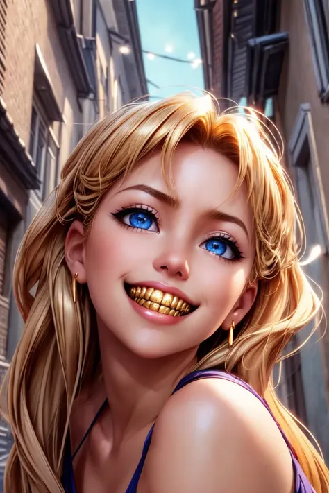 (detailed eyes:1.3), Beautiful Lighting, (1girl:blue  eyes, blonde hair, absurdly long hair, hair between eyes), (real skin), <lora:l - L| :1>, <lora:y:1>,  (Style-DA:1.3), (outdoors, alley:1.3), 
 <lora:goldTeeth:0.8>, (gold teeth, glowing teeth:1.2), close-up, portrait,
