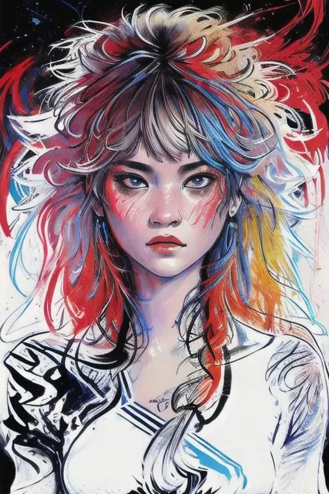 ((amazing quality, award winning, intricately detailed, extremely detailed 8K, masterpiece, painting)), ((style of Carne Griffiths)), sketch ink artwork of beautiful woman, river background,Leonardo Style, illustration,tshirt design,oni style