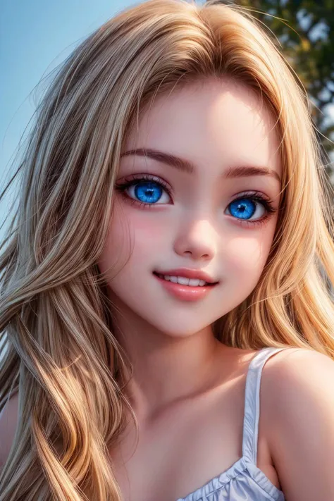 (detailed eyes:1.3), Beautiful Lighting, (1girl:blue  eyes, blonde hair, absurdly long hair, hair between eyes), (real skin), <lora:l - L| :1>, <lora:y:1>,   (outdoors:1.3), 
 <lora:l_hap_he2_sd_64_32:1>, happy expression, <lora:age_slider-LECO-v1:-4>,
