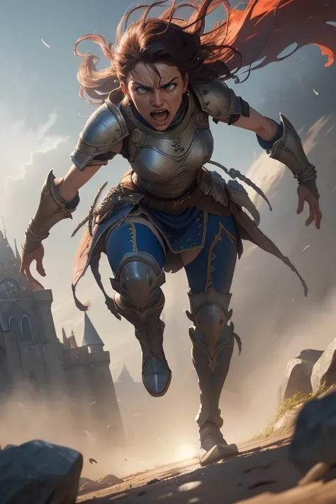 dungeons and dragons epic movie poster, female paladin girl charging into battle, violent roar, leather boots (windy dust debris storm:1.1) volumetric lighting fog depth mist pass z pass great stone castle very bright morning sunlight from side, (masterpiece) (best quality) (detailed) (8k) (cinematic lighting) (sharp focus) (intricate) (intense action scene, dutch angle, foreshortening, motion blur, from below, blurred foreground:1.3)  <lora:detail_slider_v4:1.5>