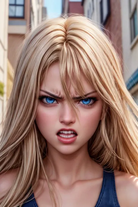 blonde hair, big red eyes, dark background, young girl, nude, screaming, angry, very young face, small, sexy, claws, fangs, vagina, small breasts, small waiste