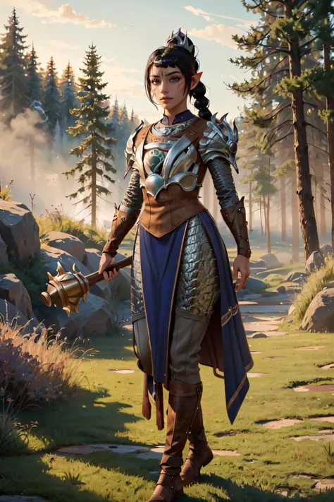 (masterpiece, best quality, ultra detailed, absurdres:1.5), 1girl, (sexy, beautiful woman, perfect face, perfect eyes, perfect female body:1.5), (shadowheart, pointy ears, braid, ponytail, hair ornament, bangs, armor, shoulder armor, breastplate, pauldrons, holding spiked mace, holding shield, <lora:shadowheartr2:0.8>), (full body, standing, outdoors, medieval, forest), perfect lighting, smooth, hdr