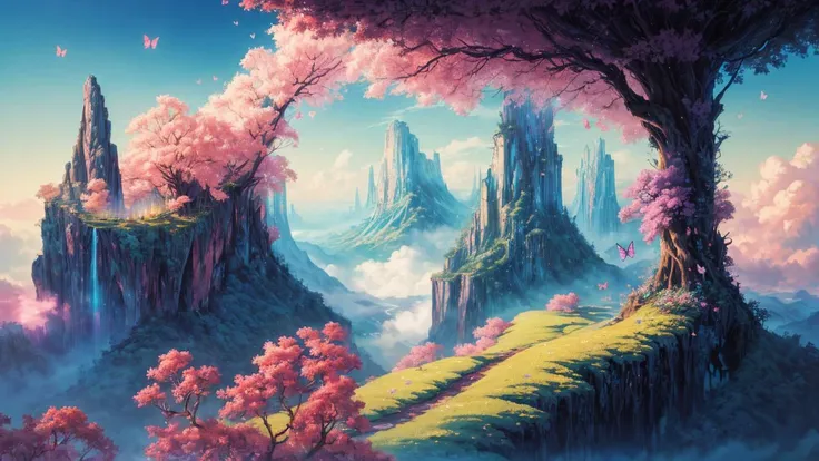 An enchanting dreamscape of paradise unfolds in the distance, where the ethereal meets the unattainable. The horizon paints a canvas of imagination, inviting minds to wander through realms beyond the grasp of reality. An absurdly detailed oil painting, by Studio Ghibli, by Greg Rutkowski, trending on Artstation, award winning art
, masterpiece, best quality, 4k, 8k, fantasy, butterfly, magnificent, fantasy, lush, Magical effects, bloom, neon lights, OverallDetail, <lora:add_detail:0.9>