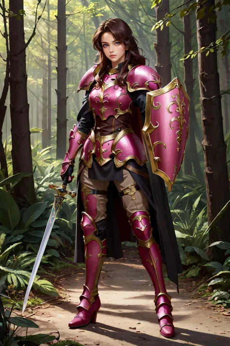 (masterpiece, best quality, ultra detailed, absurdres:1.5), 1girl, (sexy, beautiful woman, perfect face, perfect eyes, perfect female body:1.5), (sheena, armor, pants, gauntlets, armored boots, cape, high heels, shoulder armor, breastplate, pauldrons, greaves, gloves, pink footwear, faulds, holding sword, holding shield, <lora:sheenaV1-000009:0.8>), (standing, outdoors, forest), perfect lighting, smooth, hdr