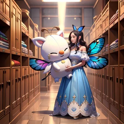 <lora:detail_slider_v4:1>masterpiece,  high quality, janet_before, AS-Adult, standing, <lora:f41rydr3ss:0.8> f41rydr3ss,full body, see-through, light blue dress, butterfly wings, leaning against lockers <lora:FFXIV_Moogle:0.6>  hugging a Moogle_FFXIV plushie