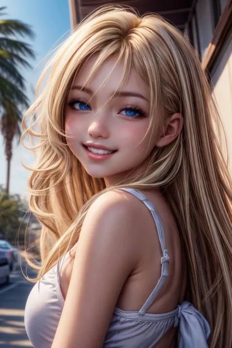 masterpiece, highest quality,Face-to-face audience, Upper body,Middle-aged women,Greek Goddess Attitude, Melon seed face, ((Long, narrow eyes)), Mole under the eye,Brown eyeball, Thin lips, Anorexia,blonde, Very long hair, Laugh with your mouth closed,40 year old mature woman, self-portrait, Simple Background,Thin legs,Close your eyes and smile,Swimwear,The happi coat is open