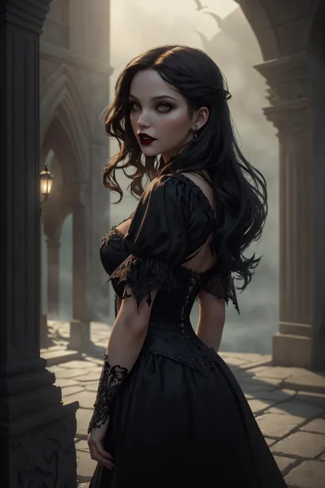 1woman, Brunetette, blackquality hair, long hair, wide lace dress, tense facial expression, fild, long earrings