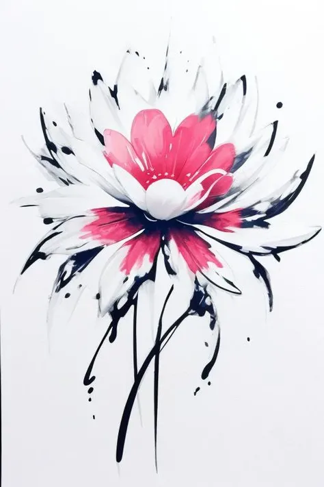 Abstract flower painting
Ink splatters in dynamic composition and colorful acrylic paint on (textured:1.2) white canvas, white space