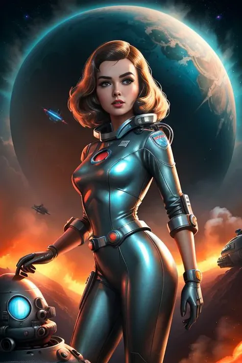 (movie poster:1.2) 50s style retro, upper body, sexy woman polished aluminum suit, from_below from_side spaceship above explosions in the sky powerful dutch angle (AtomPunkStyleSD15:1.0) (masterpiece:1.5) (painting:1.1) (best quality) (detailed) (intricate) (8k) (HDR) (wallpaper) (cinematic lighting) (sharp focus)