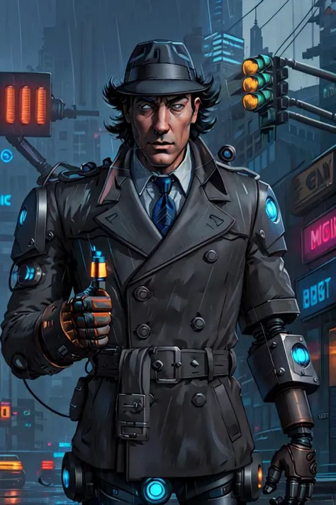 <lora:sxz-Chromata:0.6> <lora:InspectorGadget:0.7> Cyberpunk city, inspgadget, dramatic lighting, tan trench coat, blue necktie, grey hat, long black hair, ((mechanical prosthetics, robot hands)), in the rain, neon glow, action pose, ((traffic light))