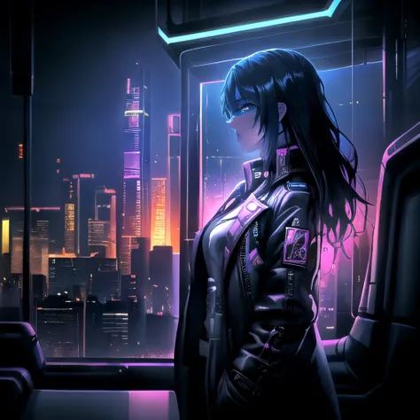 a woman, wearing a coat, cyberpunk aestetics, cyberpunk city, neon lights,watching city view,masterpiece <lora:Pyramid lora_Ghibli_n3_0.7+Pyramid lora_Ghibli_v2_0.3:1> from side view <lora:RanniV4LoRA:1>