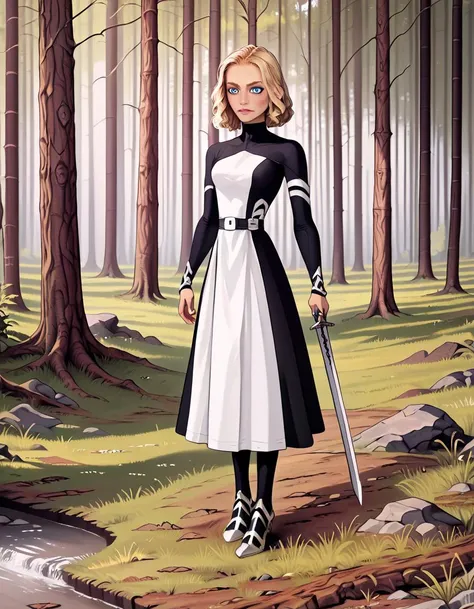 hyperrealistic art black tight dress,forest,<lora:hand 4:0.9>,Hand,detailed,perfect,perfection,hands,sword in hands,<lora:incase-ilff-v3-4:0.9>,calm facial expression,blue eyes,blonde hair,full length,<lora:Body Type_alpha1.0_rank4_noxattn_last:2>,high girl, . extremely high-resolution details, photographic, realism pushed to extreme, fine texture, incredibly lifelike