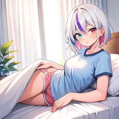 ((best quality)), ((masterpiece)), (detailed), perfect face. White hair. Short hair. Anime girl. Asian girl. Pink eyes. Ulzzang. Bed. Sweat. Squirting. Masturbate. Fingering. Spread legs.