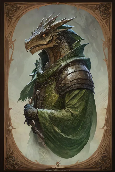 zrpgstyle,  medieval fantasy portrait of a dragon, green and brown scales, (dragon) wearing a simple cloak, holding a wooden staff, forest background, soft lighting, (masterpiece:1.2) (illustration:1.2) (best quality) (concept art) (character art) (detailed) (intricate) (8k) (HDR) (wallpaper) (cinematic lighting) (sharp focus)