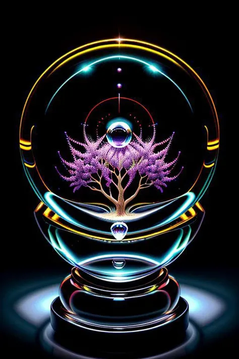 Mythical Nightscape, ((masterpiece, high quality, best quality, 8k, wallpaper, fine lineart, highly detailed)), magical style land art style hyperrealistic, vivid colors, intricate details, realistic style, oil paintings, acrylic paintings, watercolor paintings, digital illustrations, mixed media pieces, sculptures casting shadows,( lunar:0.7), dark cosmic sky, photorealistic, extreme detail,lifelike,crisp,precise, (astronomy photo:0.8),mini giant Wisteria tree in a ball,( crystal ball:1.5), in a dark room,