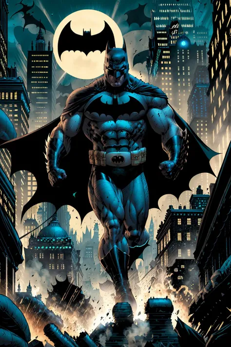 Batman, muscular, macho, manly, dark, serious, hunk, 1man, trending on artstation, artgem, deviant art, Alphonso Mucha, Greg Rutkowski, jim lee, <lora:jimLeeDCComicsMarvel_offset:1>, cape, gauntlets, mask, true anatomy, golden ratio, film grain, subject center focus, dynamic pose, random pose, outdoors, (destroyed Gotham city:1.3), Bat signal, smoke, fire, debris, superheroine, DC Comics, masterpiece, photorealistic, HDR, best quality, 8K,