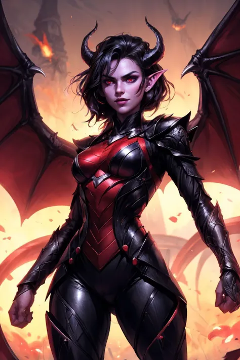 zrpgstyle zrpgstyle,portrait,medium shot,tiefling,colored skin,purple skin,horns,demon horns,standing straight,facing the camera,menacing presence.,
BREAK Skin: purple skin,devilish heritage,smooth texture,subtle glow,accentuating the sharpness of her features.,
BREAK Face and Head Shape: Angular,commanding,lean and defined structure,sharp edges,well-defined contours,exude authority and discipline,chiseled jawline,powerful presence,noble posture,commanding and regal aura.,
BREAK Forehead: Broad and angular,commanding presence,faint creases,focus and determination,black devil horns,spiralling upward,devilish allure.,
BREAK Eyes: Glowing,intense fiery red light,piercing and calculating,otherworldly depth,determination.,
BREAK Eyebrows: Precisely arched,meticulously groomed,adding sharpness of her expression.,
BREAK Nose: Straight and slender,holding a commanding angle,exuding a sense of controlled authority. A small barely noticeable bump near the bridge adds character to her otherwise sharply defined nose.,
BREAK Cheeks: Angular and defined,sense of structure to her face,disciplined physique.,
BREAK Mouth: Lips drawn tightly,sardonic or sarcastic smirk,thin and precise,calculated wit,commanding demeanor.,
BREAK Jawline and Chin: Angular and sharp,framing her face,strength and determination,controlled roundness.,
BREAK Ears: Neatly tucked beneath her hair,unadorned,subtly curved,and perfectly fit against her head.,
BREAK Hair: Long black hair,elegant,framing her face with sleek black strands.,
BREAK Physique: Lean and muscular,large breasts,agile.,
BREAK Wings: Black bat wings,devil wings.,
BREAK Attire: Black plate armor,strength and practicality,martial prowess.,
BREAK (best quality:1.1),(detailed:1.1),(intricate:1.1),(8k:1.1),(HDR:1.1),(cinematic lighting:1.1),(sharp focus:1.1),<lora:more_details:0.5>,<lora:tiefling_offset:1>,