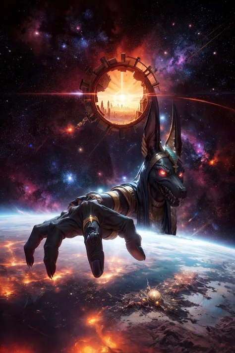 best quality, 4k, UHD, digital painting, a detailed anubis egyptian diety head and torso, (right hand four fingers grabbing:1.1), grabbing the planet in space, space in the background, detailed background, style of Chris Foss, masterpiece, unreal engine, fantasy character, Light caustics effect, <lora:add_detail:1>