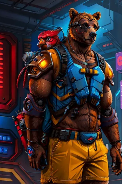 <lora:sxz-Chromata:0.6> cyberpunk, animal focus, wearing a blue backpack, (yellow shorts), brown fur, shirtless, furry, ((Red robot bird in backpack, red wings, long beak))