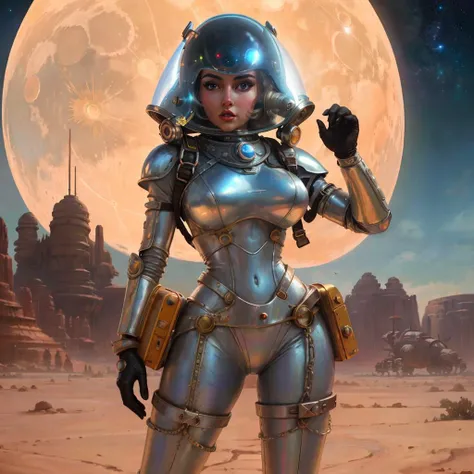sexy woman polished aluminum suit desert moon landscape jetpack glass dome helmet perfect hair (AtomPunkStyleSD15:1.0)
(masterpiece:1.5) (painting:1.1) (best quality) (detailed) (intricate) (8k) (HDR) (wallpaper) (cinematic lighting) (sharp focus)