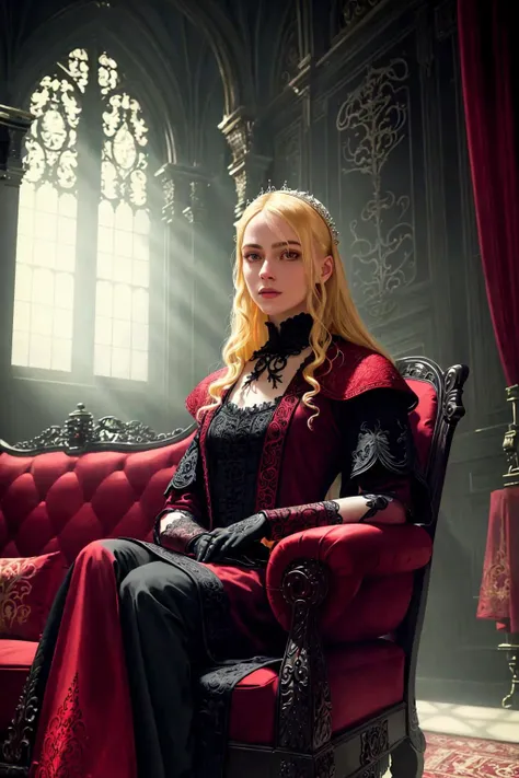 portrait of blonde woman sitting on red sofa in a dark luxurious gothic manor interior intricately detailed robes gloves, very bright morning light coming from large window, high contrast realistic shadows smokey room volumetric lighting foggy dusty
(masterpiece:1.2) (illustration:1.1) (best quality:1.2) (detailed) (intricate) (8k) (HDR) (cinematic lighting) (sharp focus) (color grading)