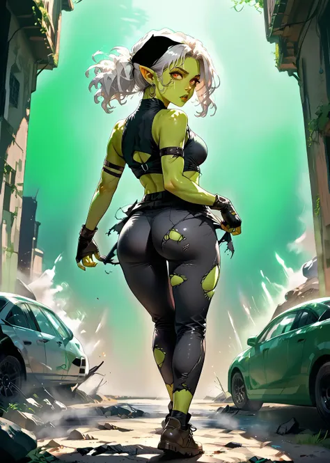 score_9, 1girl, half goblin, half orc, green skin. point ears, point teeths, looking at viewer,   <lora:accidental_exposure_Pony:0.9>  <lora:KuronoiManhwaPony:1>  accidental_exposure, ass, clothes lift,  very fit body, white hair, falling ,pose, full body, looking at viewer, 
destroyed clothes, breasts exposed, 
<lora:S1_Dramatic_Lighting_v2:1>