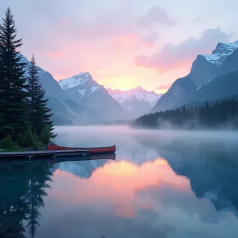 Generate an image of a peaceful, crystal-clear mountain lake at sunrise, with mist rising off the water. The surrounding landscape includes tall evergreen trees and towering snow-capped mountains in the background. The sky is a blend of soft pink, purple, and orange hues as the sun rises over the horizon. On the shore, a small wooden dock extends into the water, with a single canoe gently tied to it. The reflection of the mountains and trees is mirrored perfectly in the still water. The scene should evoke a feeling of calm and tranquility