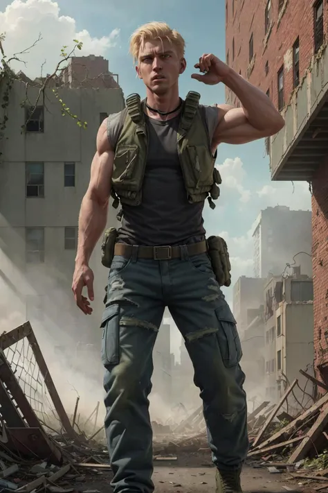 post-apocalypse fallout 4 RPG character blonde hair upsweep updo wearing black (military tactical vest pants tshirt jeans:1.2) searching an abandoned building indoors overgrown ruins vines ivy in an (abandoned city:1.1) (red brick buildings:1.2) blue sky (bright morning sunlight:1.1) (windy dust volumetric lighting foggy:1.1)
(masterpiece:1.2) (best quality:1.2) (8k) (cinematic lighting) (sharp focus) (intricate)
