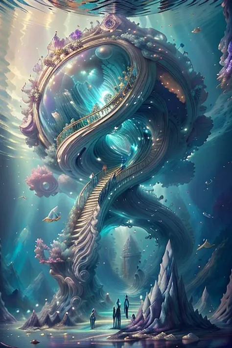 ((masterpiece:1.2, top quality)), (realistic:1.1), (In the depths of the ocean:1.2), (an ancient grand city lies), (palace:1.2).marble,its spires reaching towards the surface, kissed by the faint glow of sunlight filtering through the waves. covered, spiraling towers stand sentinel, their intricate designs a testament to forgotten craftsmanship. Wide, winding streets of luminescent through the city, guiding travelers with an otherworldly glow. Opulent, iridescent palaces of pearl and crystal glisten, guardians of the deep. And in the heart of it all, a mesmerizing dance paints the water with hues of azure and amethyst, a spectacle of beauty unmatched by any surface world