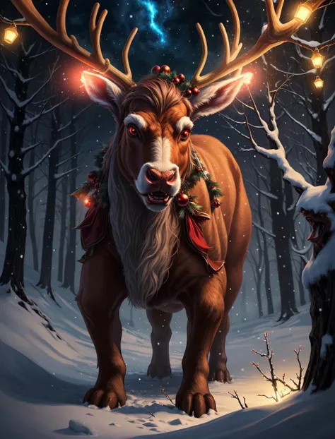 ethereal fantasy concept art of an evil angry raindeer with glowing red eyes in a winter landscape with christmas lights, magnificent, celestial, ethereal, painterly, epic, majestic, magical, fantasy art, cover art, dreamy, <lora:Detail - add_detail:0.2>