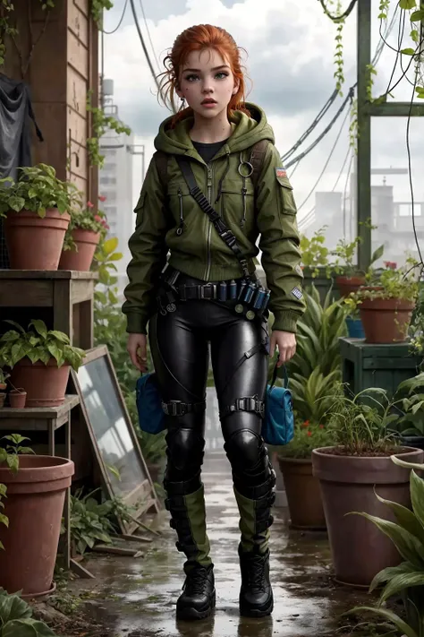 DollieNobodySD15 Post-apocalyptic, shabby Scout Gear Binoculars, hooded cloak, lightweight boots, leggings, utility belt. fringe hair With a Holster in a post-apocalyptic neglected greenhouse, shattered glass, overgrown plants, rusted tools, dried fountain. bright morning sunlight shining (zrpgstyle) (masterpiece:1.2) (best quality:1.2) (detailed) (intricate) (8k) (HDR) (cinematic lighting) (sharp focus)