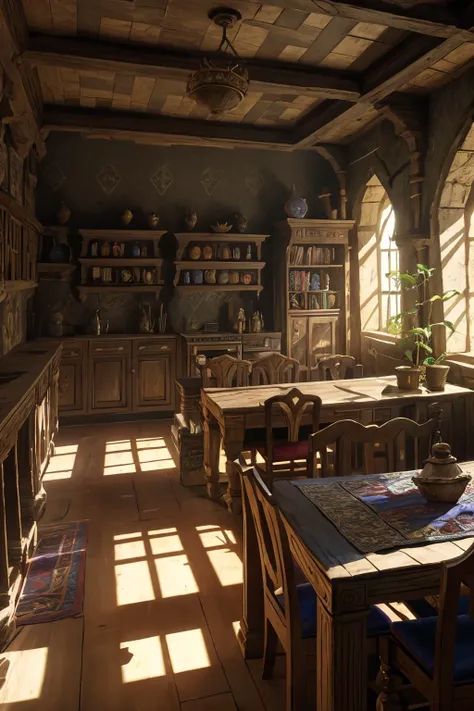 zrpgstyle, medieval fantasy tavern interior, colorful tapestries on the walls Game of Thrones Hogwarts bright morning sunlight shining in from windows Clutter-Home, (masterpiece:1.2) (best quality) (detailed) (intricate) (8k) (HDR) (wallpaper) (cinematic lighting) (sharp focus)
