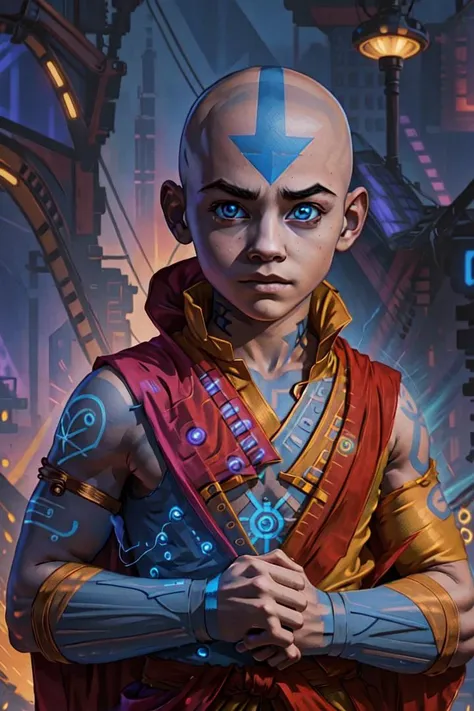 <lora:sxz-Chromata:0.6> <lora:AangLora-10:0.6> Cyberpunk child aang, aang attire, neon glow, circuitry tattoo, shirt, robe, glowing tattoos, glowing eyes