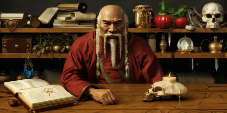 ((sharp)), ((realistic)), ((highly detailed)), ((detailed)), upper body portrait photograph of an old asian friendly healer bald with long white sideburns and long white mustache and thin white beard and bushy white brows, friendly face, wearing red cotton robe, sitting behind a wooden table with an open spellbook and a candle on a skull with dripping wax, shelves with magical items and scrolls in the background, warm light from left, warm colors, depth of field, ultrarealistic, photorealistic, sharp, sharp focus, photograph, 8k, 4k