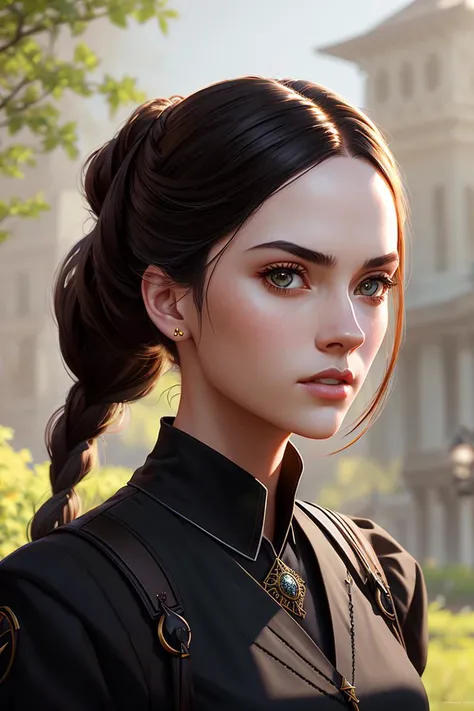 Make a breathtaking, wed_ad_2, ((gothic)), ((skinny)), ((pale skin)), meganfox_ti, balance, (((bright))), light on face, ((2 braids hair)), (((natural day light))), ((uniform)), intricate, 8k, (((black clothing))), highly detailed, (extremely detailed CG unity 8k wallpaper), Hyperrealistic full shot body image, beautiful (skinny), trending on CGSociety, Intricate, High Detail, Sharp focus, digital painting, intense, modelshoot style, (extremely detailed CG unity 8k wallpaper), full shot body photo of the most beautiful artwork in the world, pearl skin, professional majestic oil painting by Ed Blinkey, Atey Ghailan, Studio Ghibli, by Jeremy Mann, Greg Manchess, Antonio Moro, trending on ArtStation, trending on CGSociety, Intricate, High Detail, Sharp focus, dramatic, photorealistic painting art by midjourney and greg Rutkowski