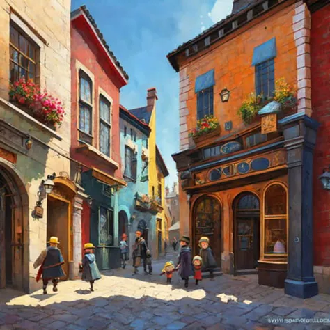 best quality masterpiece atmospheric digital painting artwork 4k 8k highly detailed colorful wealthy (hogsmead city street diagon alley:1.2) stone plaster shops taverns harry potter themed tim burton style (bright light:1.1) particles sunny blue sky mat painting, key visual anime background screencap (PaintStyle4:0.5) (SDA768:0.7)