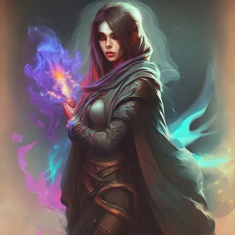 a colorful painting of a young female evil rogue wizard casting magic spells energy energies arcane magic missile HyperSmoke paintstyle12