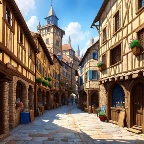 dnd best quality masterpiece atmospheric digital painting artwork 4k 8k highly detailed colorful wealthy (beautiful winding medieval city street:1.2) stone plaster shops taverns people market horses (bright morning light:1.1) particles sunny blue sky mat painting, key visual anime background screencap