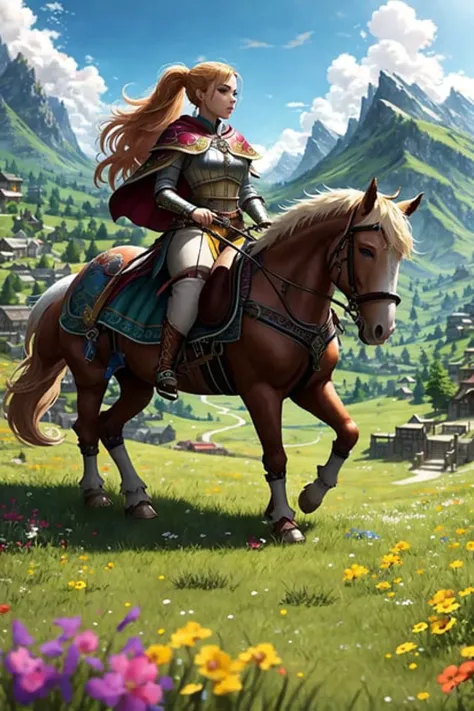 Face-BarbaraPalvin RPG character painting dungeons and dragons, medieval D&D bard riding horseback (warhorse:1.2), Barbara Palvin, lute, (orange:0.5) shirt leather pants armor, elaborate, ornate, adventurer cape, (blonde hair, top pony tail:1.1), standing in grass, (dark forest:1.1), (alpine mountains:1.1), clear sky, (masterpiece:1.3) (best quality) (detailed) (8k) (HDR) (wallpaper) (cinematic lighting) (sharp focus) (intricate) (Style-Renaissance:0.3)