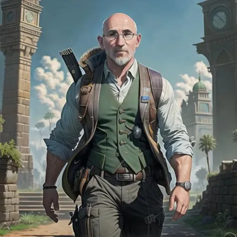 MortNobody_D as man in Uncharted video game character adventure desert ruins shirt vest holster straps (masterpiece:1.5) (painting) (best quality) (detailed) (intricate) (8k) (HDR) (wallpaper) (cinematic lighting) (sharp focus)
