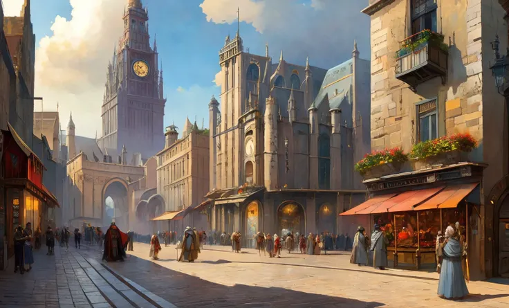 An ancient city square with cobblestone streets and towering clock towers, surrounded by bustling cafes, markets, artisan shops. : quaint, historic, vibrant, bustling, afternoon.
 (award winning) (masterpiece:1.1)(best quality) (detailed) (8k) (HDR) (wallpaper) (dramatic lighting)  (sharp focus)(PaintStyle4:0.7) (protogemb2:0.8)